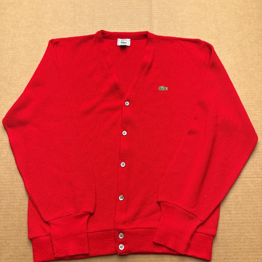 Izod Lacoste Vintage USA Cardigan Sweater Mens Sz L Red Pullover Long Sleeve - Picture 1 of 7